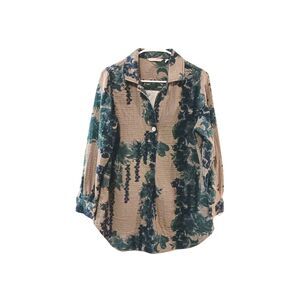 Soft Surroundings Green Brown Tropical Floral Cotton Tunic Shirt Blouse M